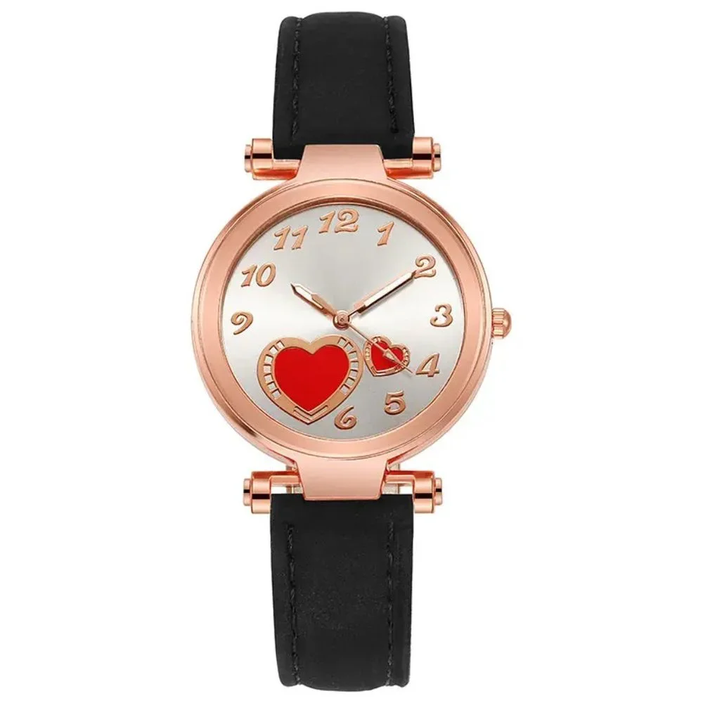 Elegant Love Heart Design Wrist Watch for Women Black Strap Silver Dial